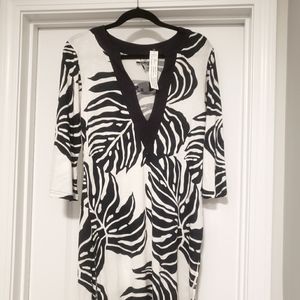 CZ Black & White Palm Deep V Beach Tropical Cover Up Size Small